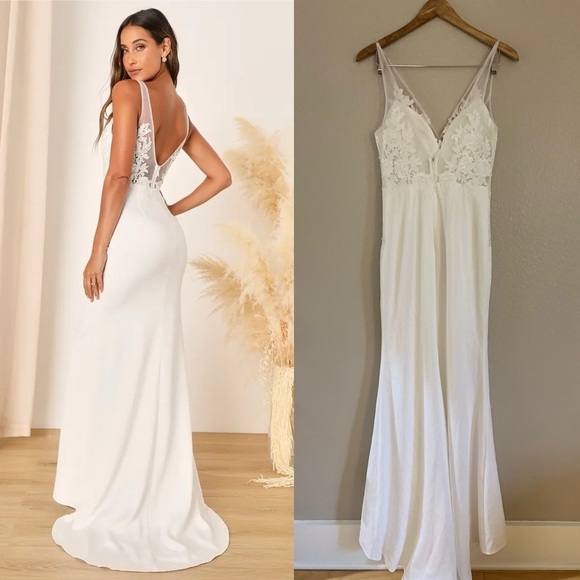 Precious Promise White Satin Embroidered Lace Mermaid Maxi Dress - Picture 1 of 8